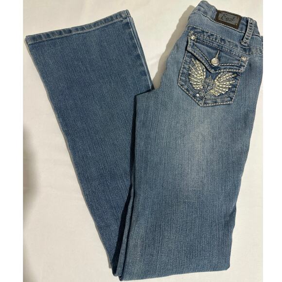 Earl blue jean, flair bottoms, with bling back pockets, womens size 0 - Picture 3 of 10